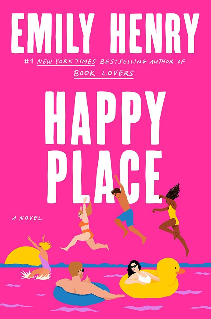 Bright pink book cover labelled Happy Place by Emily Henry with illustrations of jumping and laughing young people.