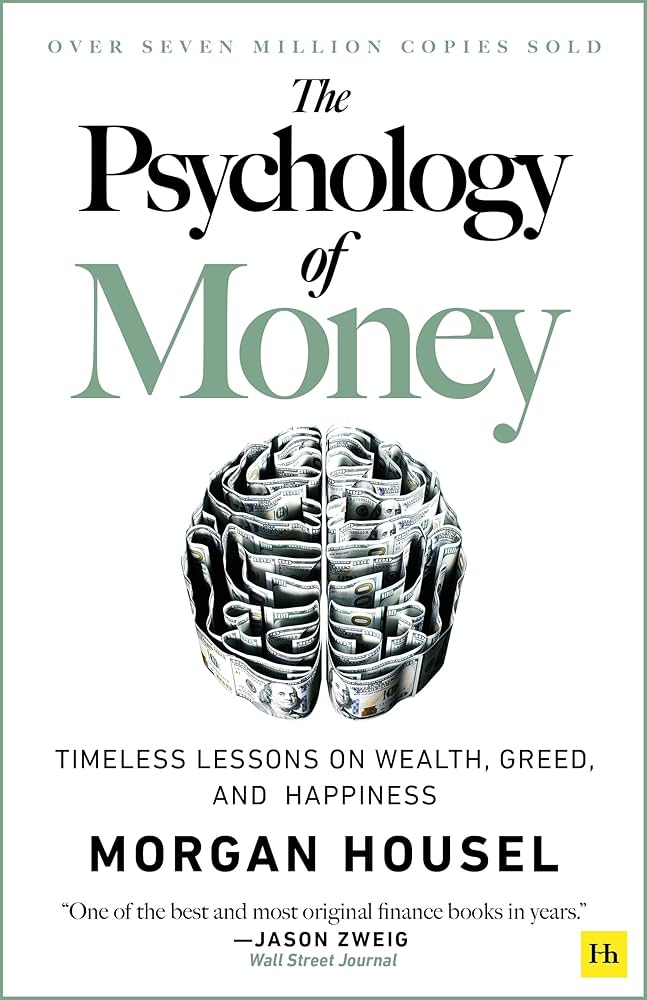 A white book with an illustration of a maze shaped like a brain, labelled The Psychology of Money by Morgan Housel.